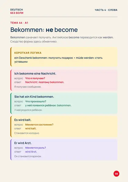 «50 тем немецкого», страница 98 — Bekommen: не become