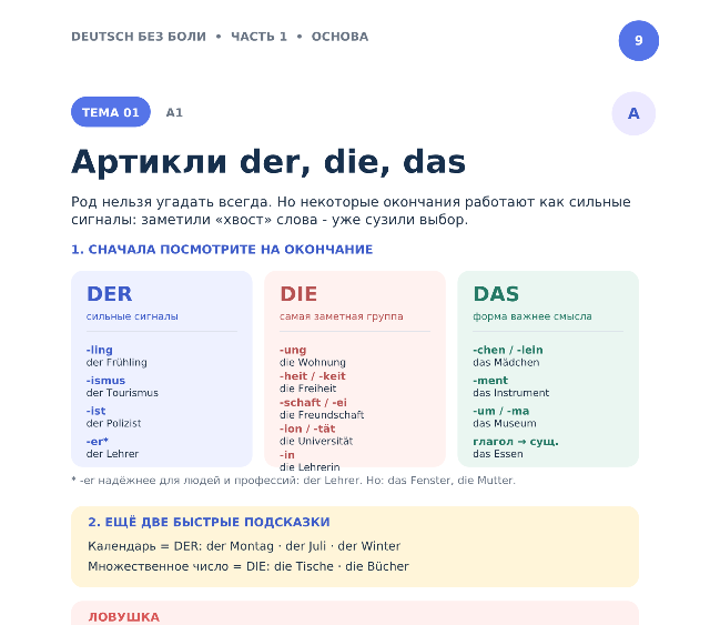 Страница 9 книги «50 тем немецкого»: тема «Артикли der, die, das»